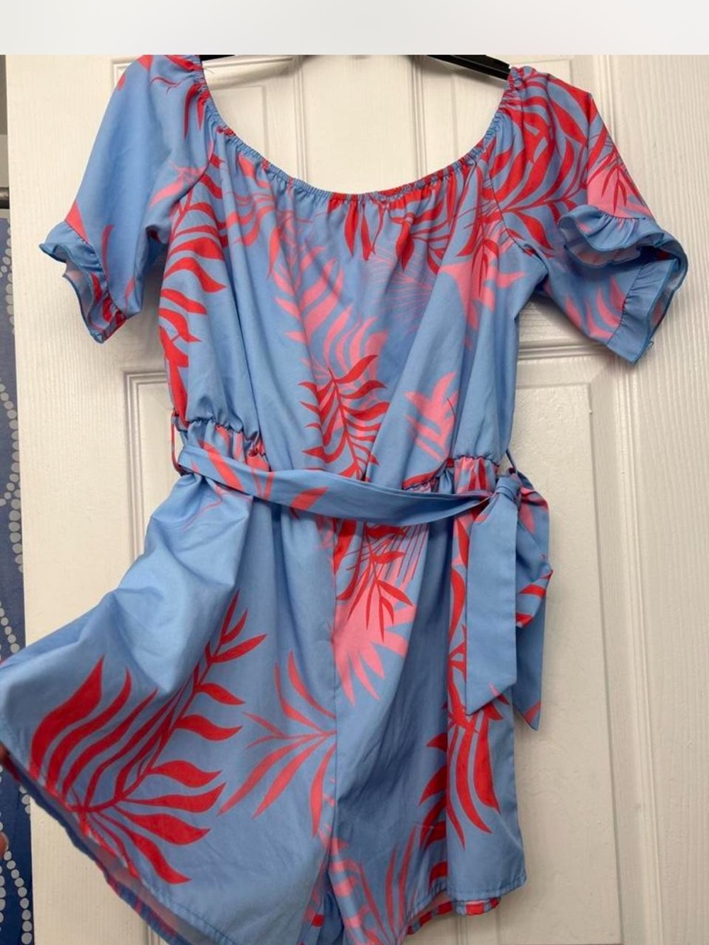 Pink& red palm leaf print blue romper